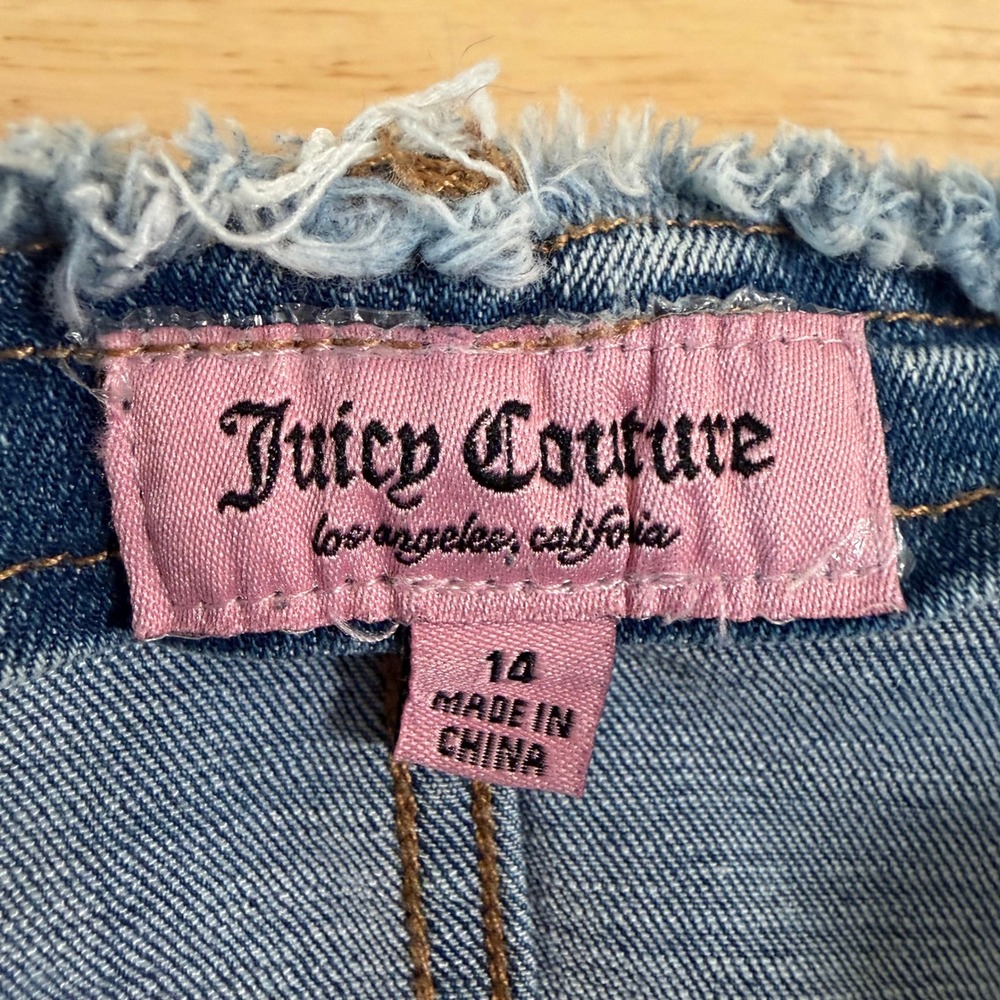 Y2K Juicy Couture Denim Midi Skirt Size 14 Heart Rhinestone Pockets Raw Hem Blue - Picture 5 of 9
